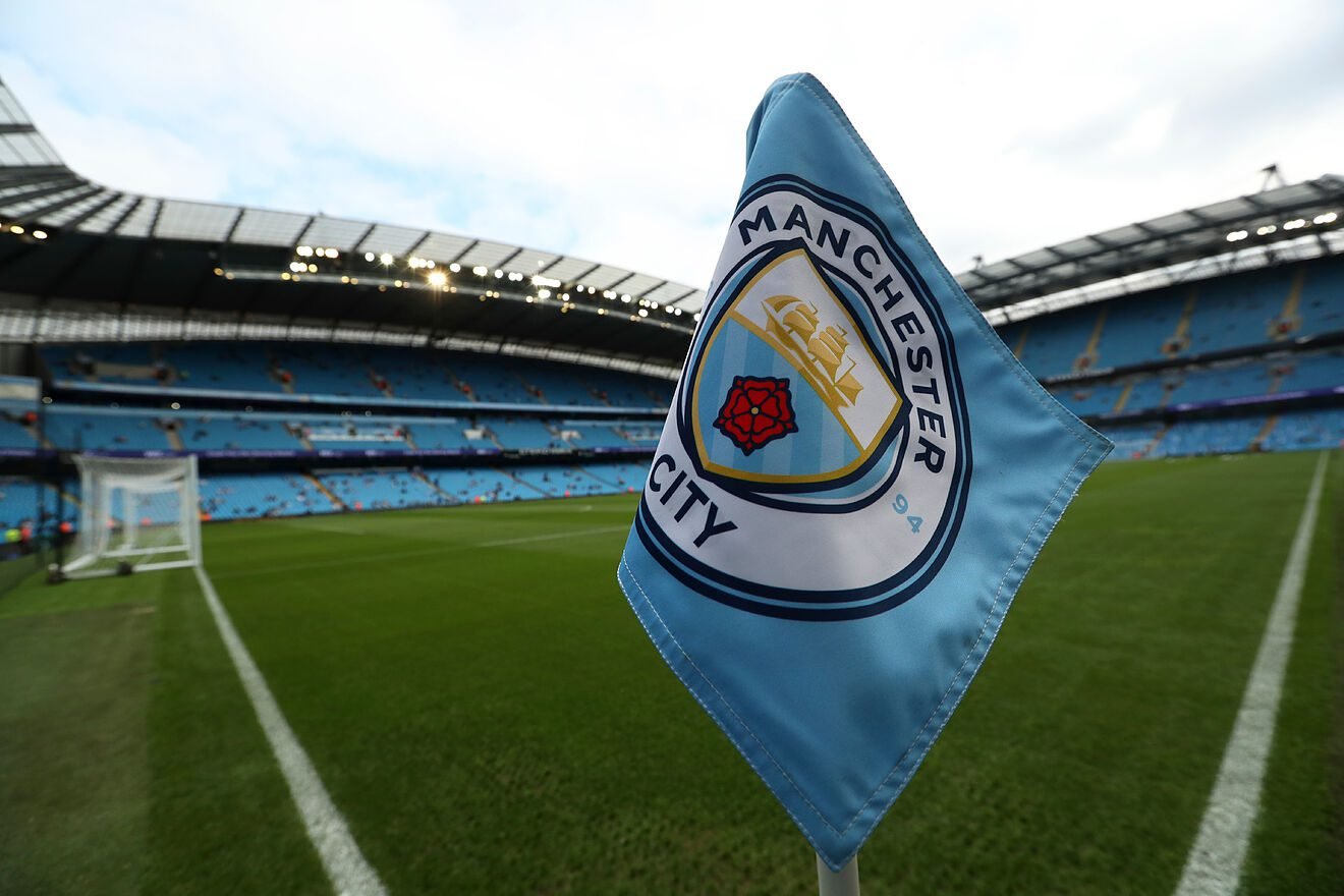 A Manchester City corner flag at Etihad Stadium in Manchester, England